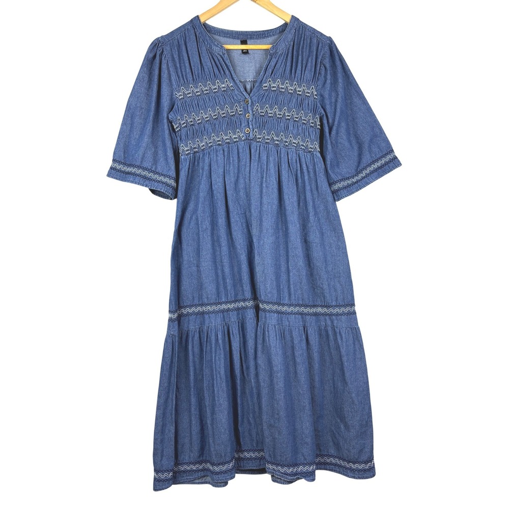 Red + Olive Women Tiered‎ Smocked Denim Midi Dress M Blue Boho Cotton Copttage